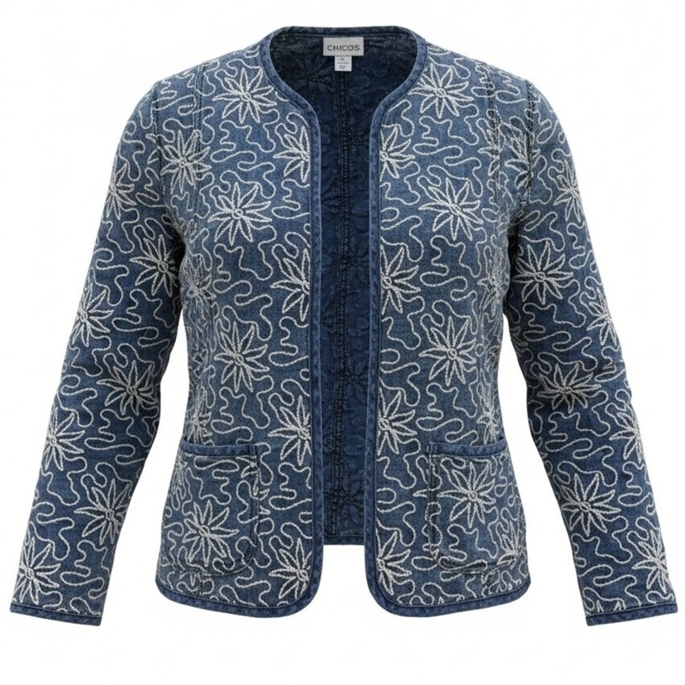 Chicos Blue Linen Embroidered Floral Open Front Jacket Womens Size 1 S Small